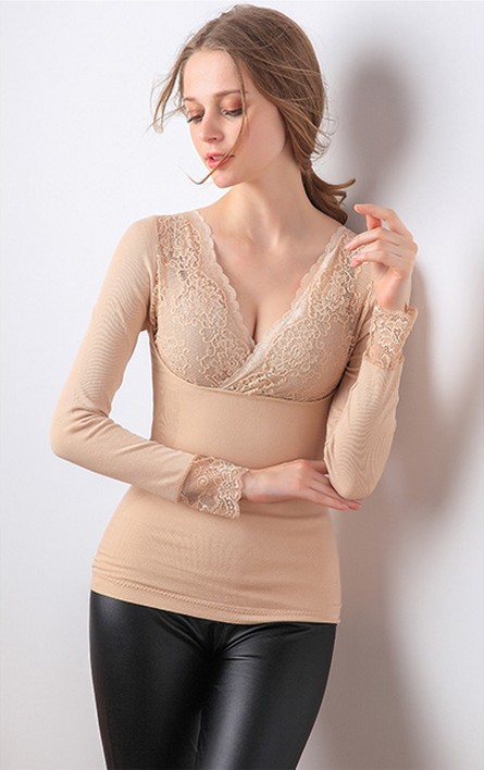 SZ60048-2 Lace V-neck double-layer thermal underwear long-sleeved  underwear set